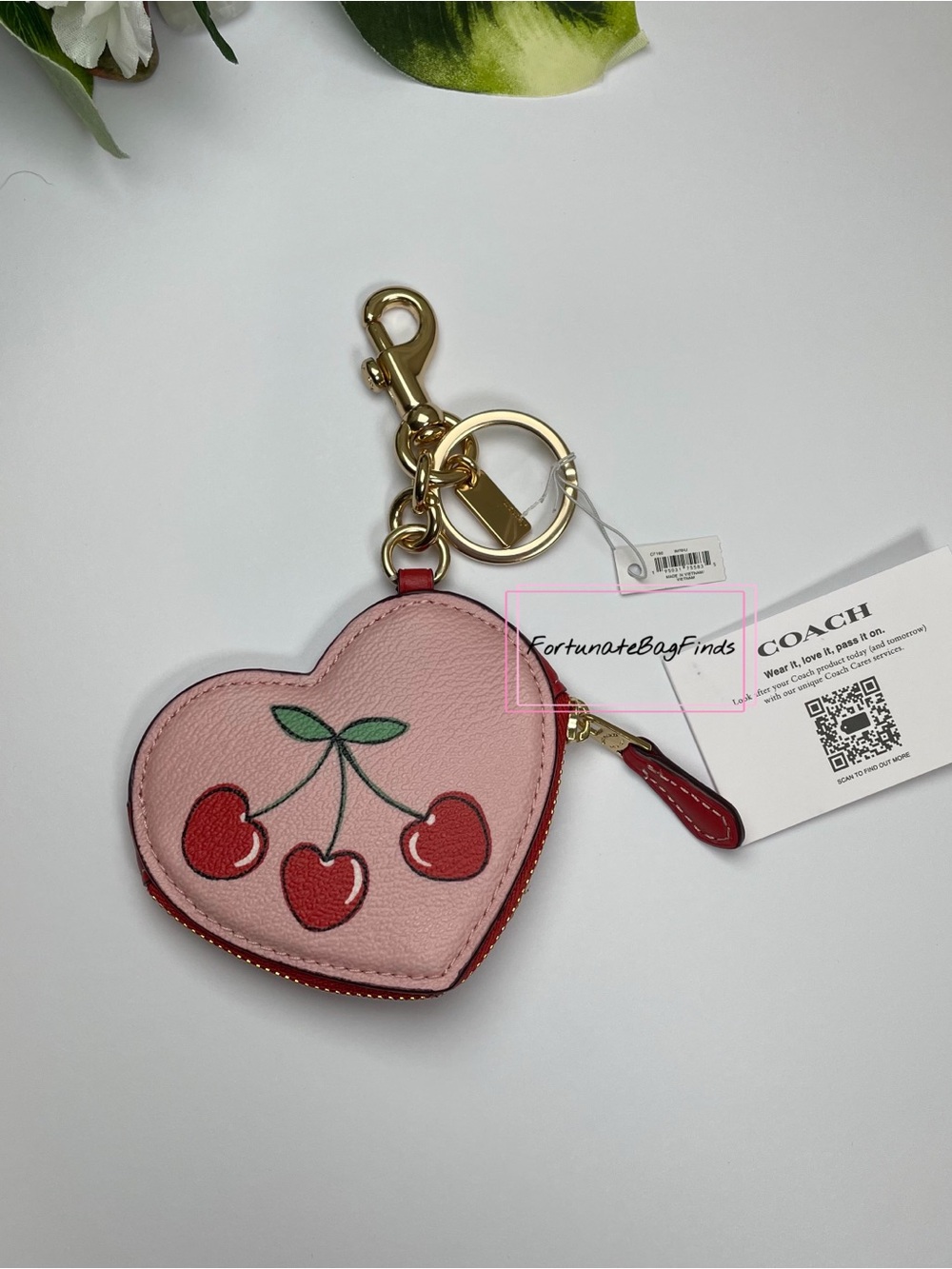 Coach CF160 Pink & Red Heart Pouch with Heart Cherry Print Bag Charm Keychain - Picture 5 of 9